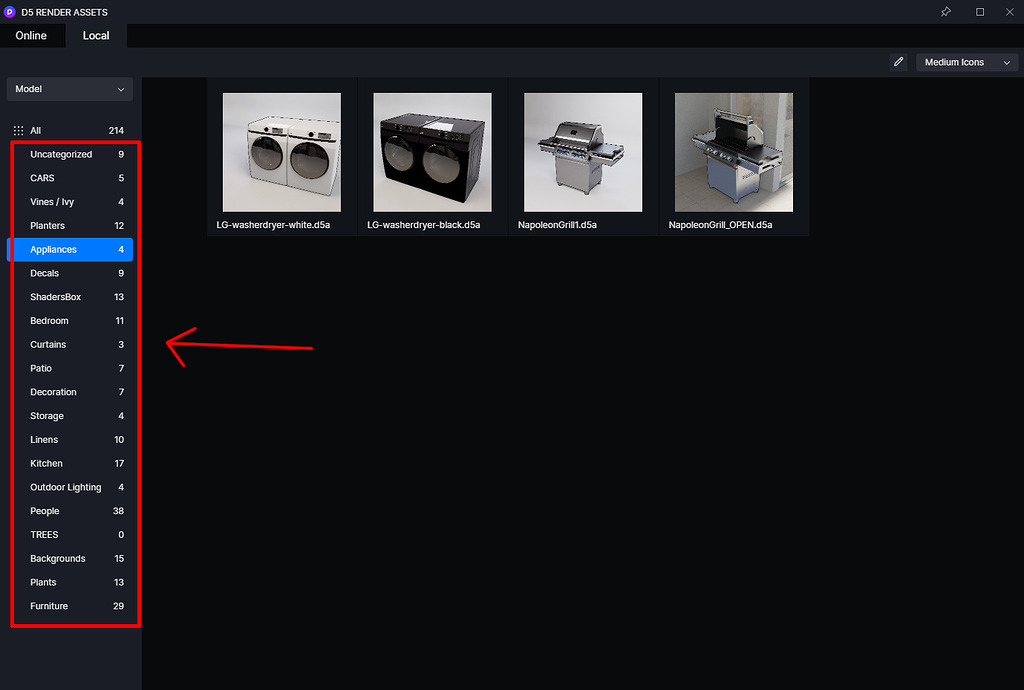 Local assets categories order get help d5 render forum
