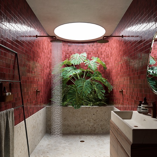 red tiled bathroom