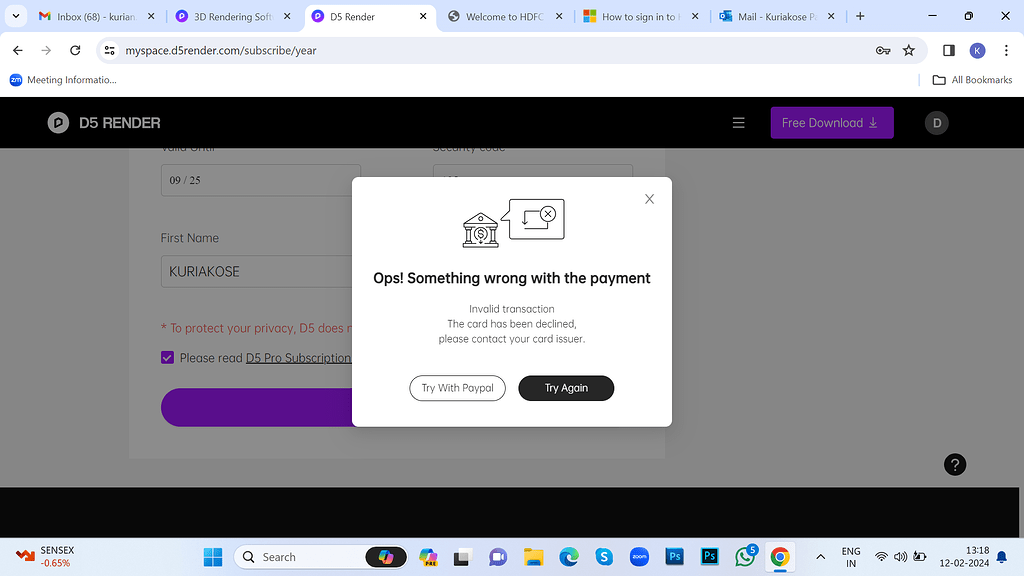 Payment not going through get help d5 render forum